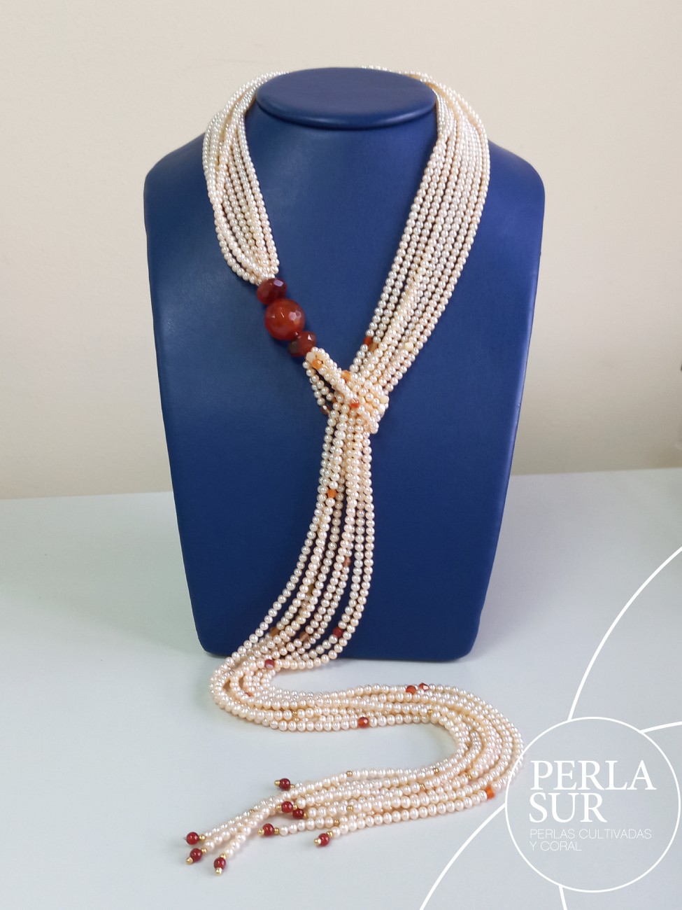 Collar Perla Color Natural 4mm y Cornalina